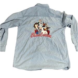 Looney Tunes Warner Bros Studio Embroidered Denim Long Sleeve Shirt Size M